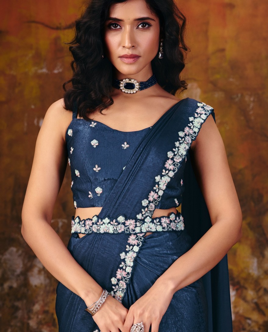 27106 - Dark Blue Embroidered Wedding Party Designer Saree